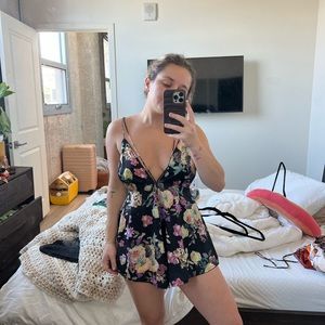 Urban outfitters black floral silk romper, open back